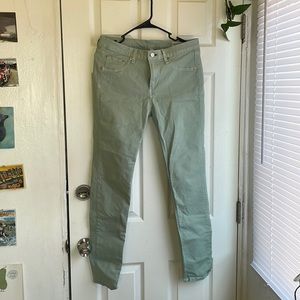 Baby blue/ seafome green legging style stretch skinny jeans. Mid rise.